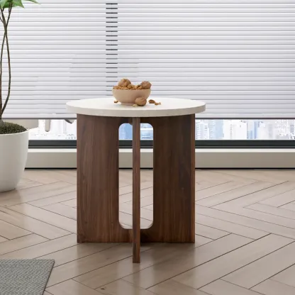 Minimalist Round Brown Wood End Table for Living Room Image - 5