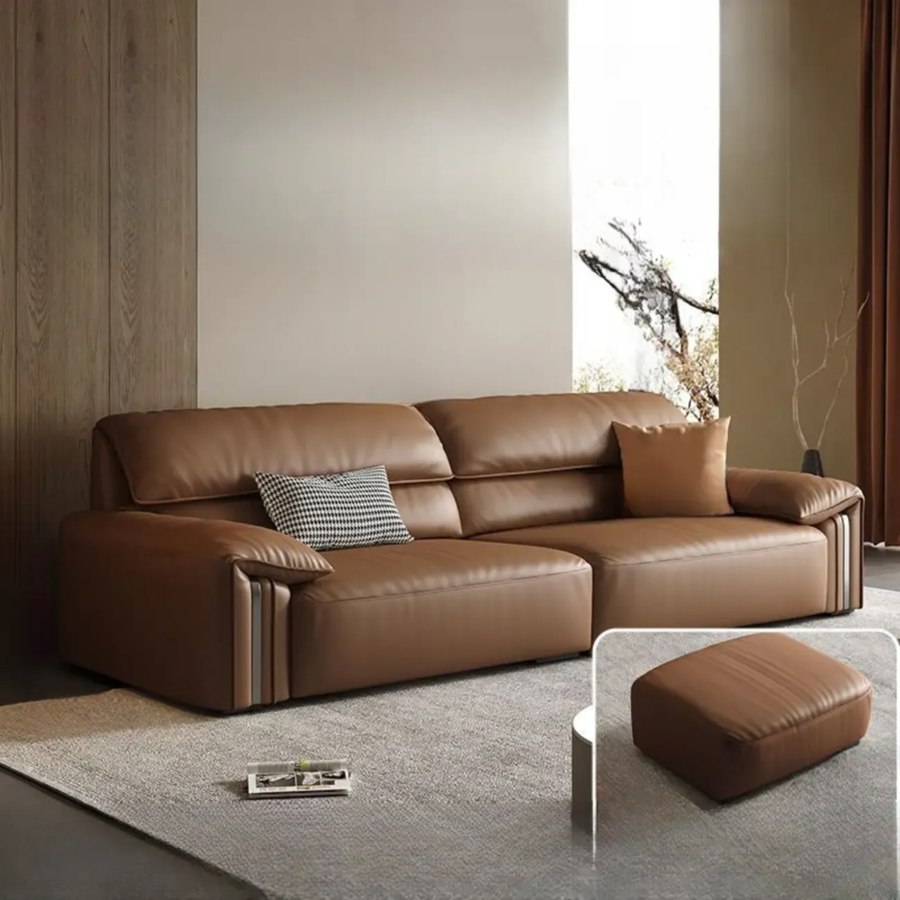 Modern Brown Genuine Leather Upholstery Sofa for Living Room Image - 18