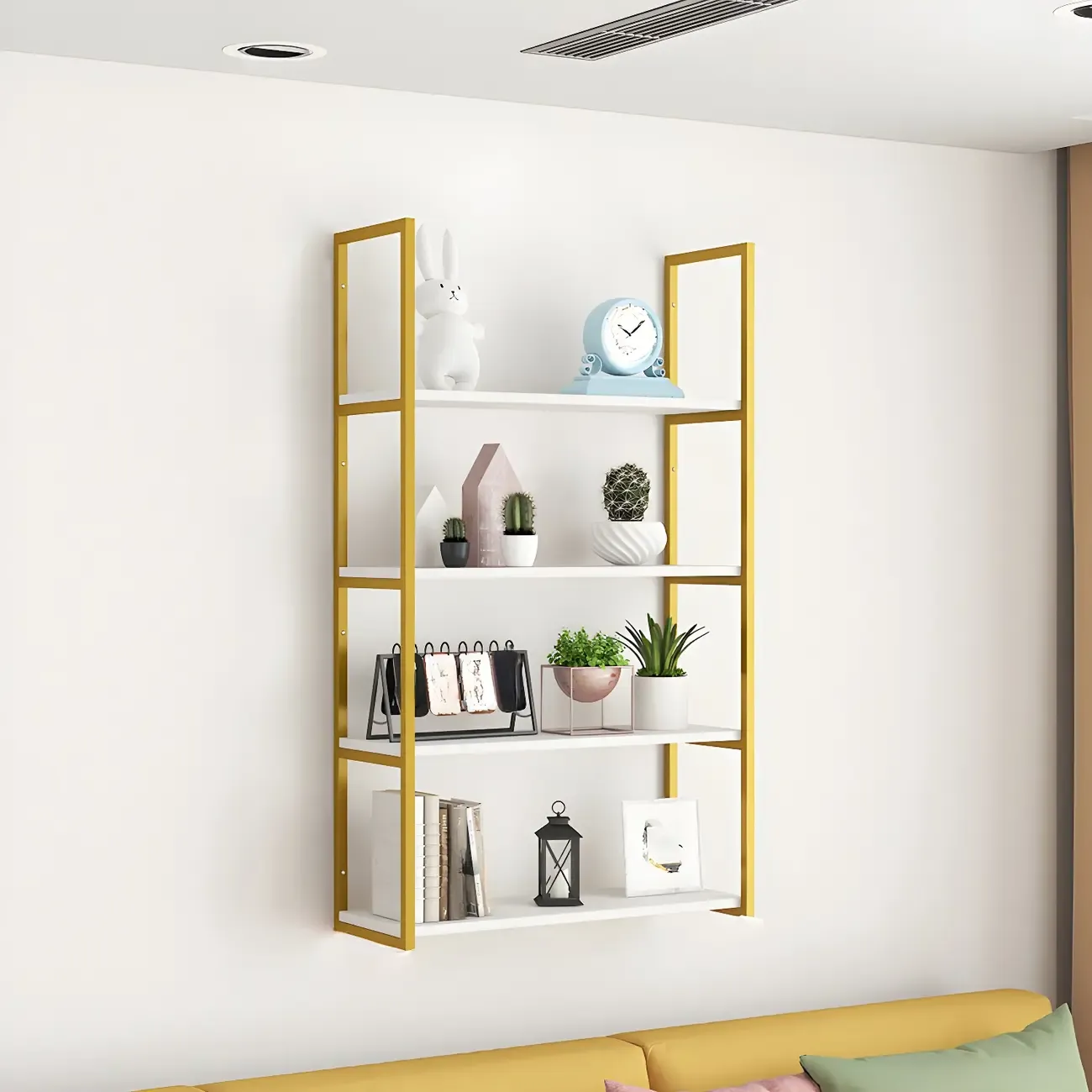 Modern Floating Bookshelf White Display Shelf Gold Frame Image - 6