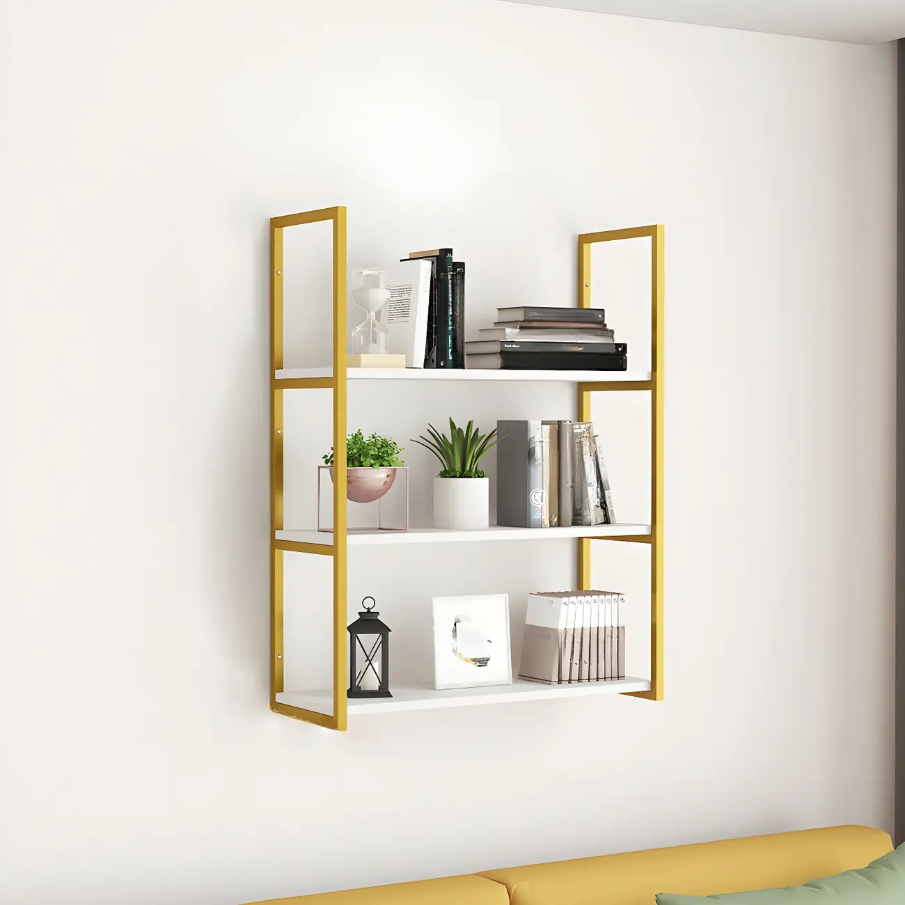 Modern Floating Bookshelf White Display Shelf Gold Frame Image - 7 | homeyfad