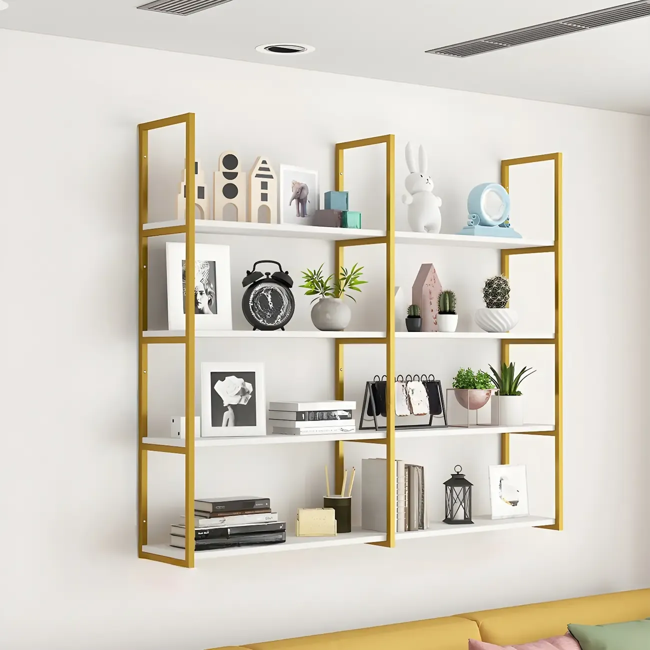 Modern Floating Bookshelf White Display Shelf Gold Frame Image - 8