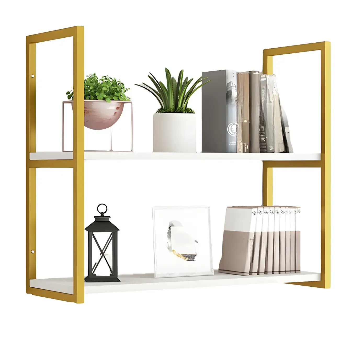 Modern Floating Bookshelf White Display Shelf Gold Frame Image - 10