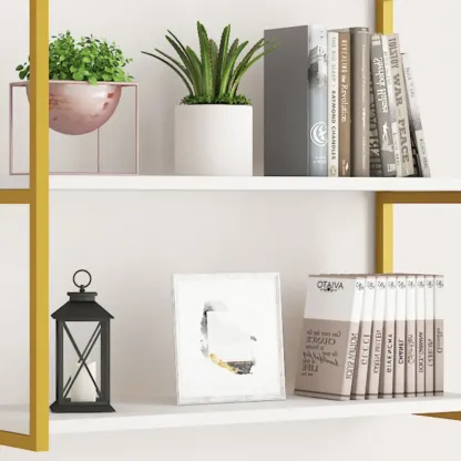 Modern Floating Bookshelf White Display Shelf Gold Frame Image - 11