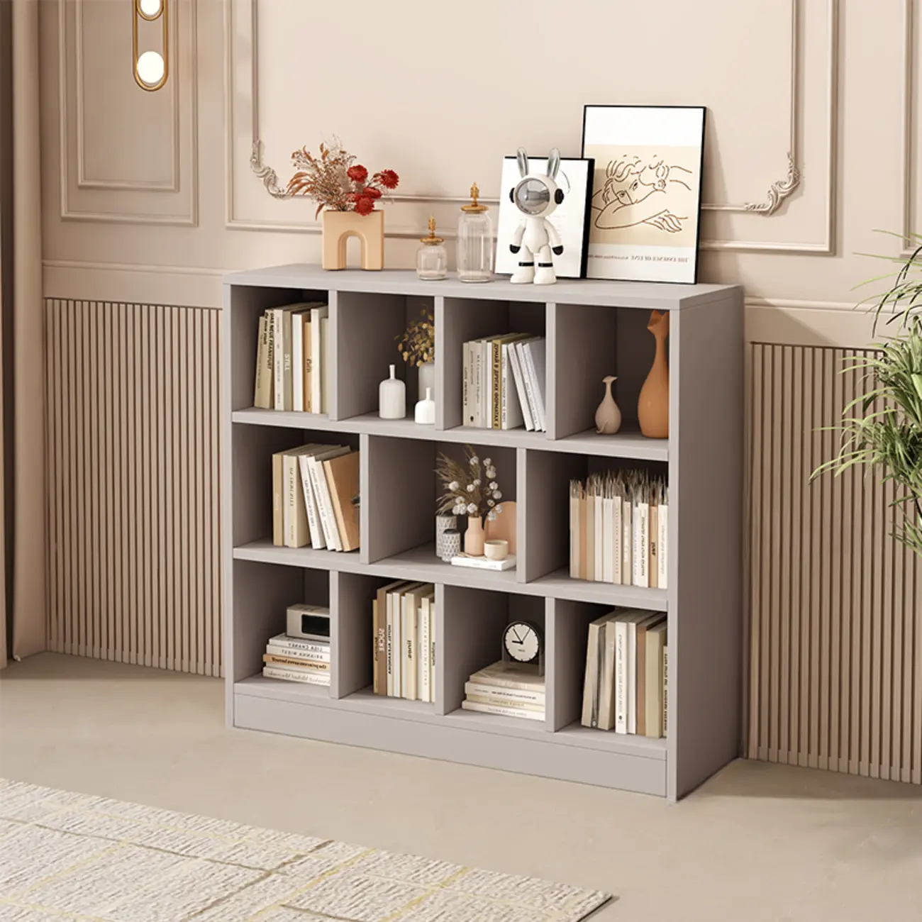 Gray Long Low Bookshelf 2/3-Shelf Horizontal Bookcase Image - 1 | homeyfad
