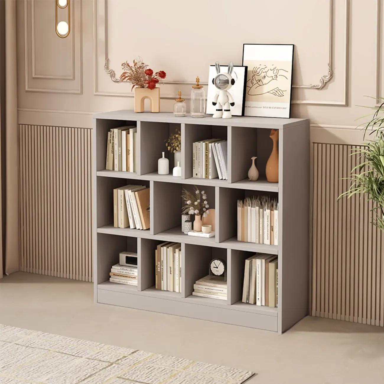 Gray Long Low Bookshelf 2/3-Shelf Horizontal Bookcase Image - 1
