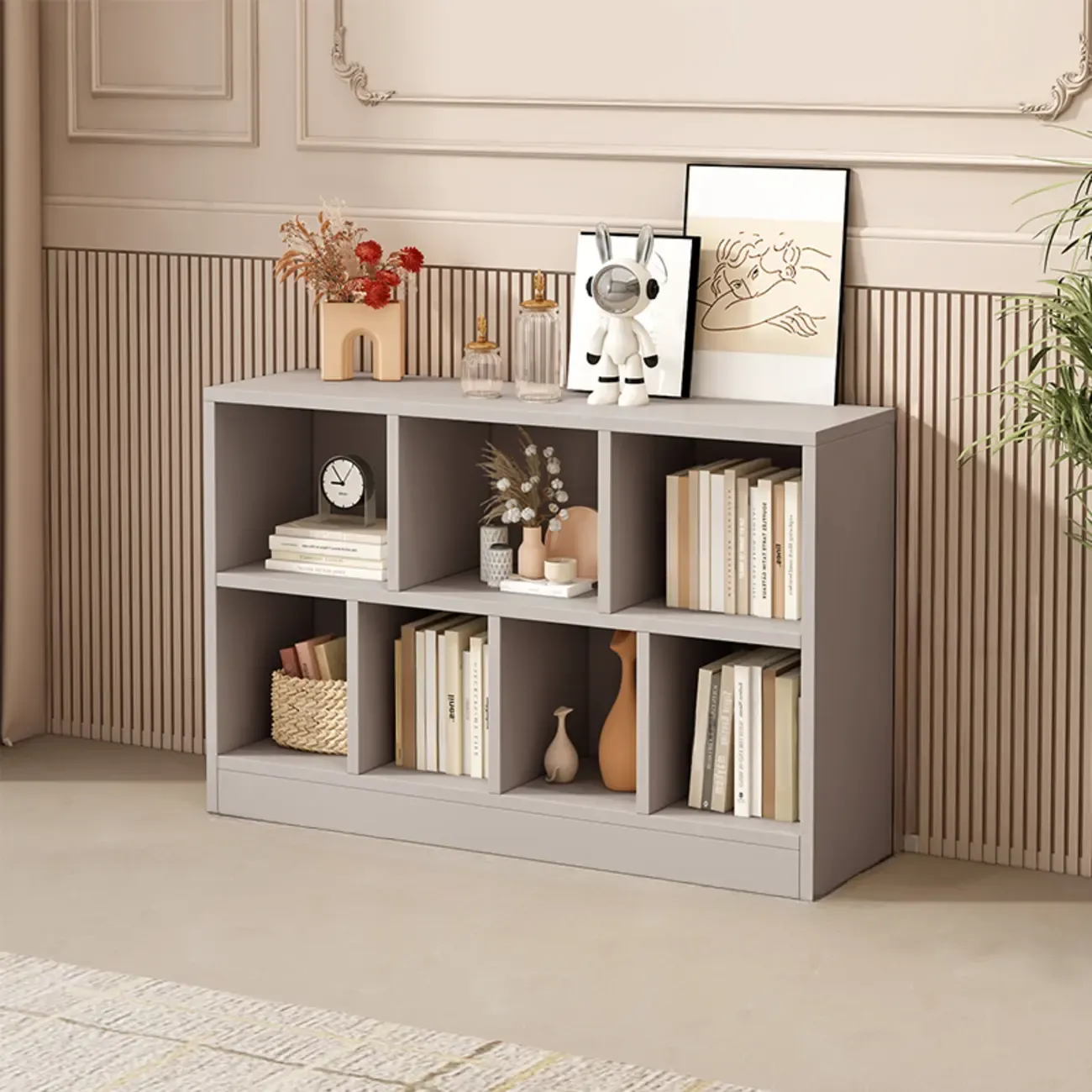 Gray Long Low Bookshelf 2/3-Shelf Horizontal Bookcase Image - 2
