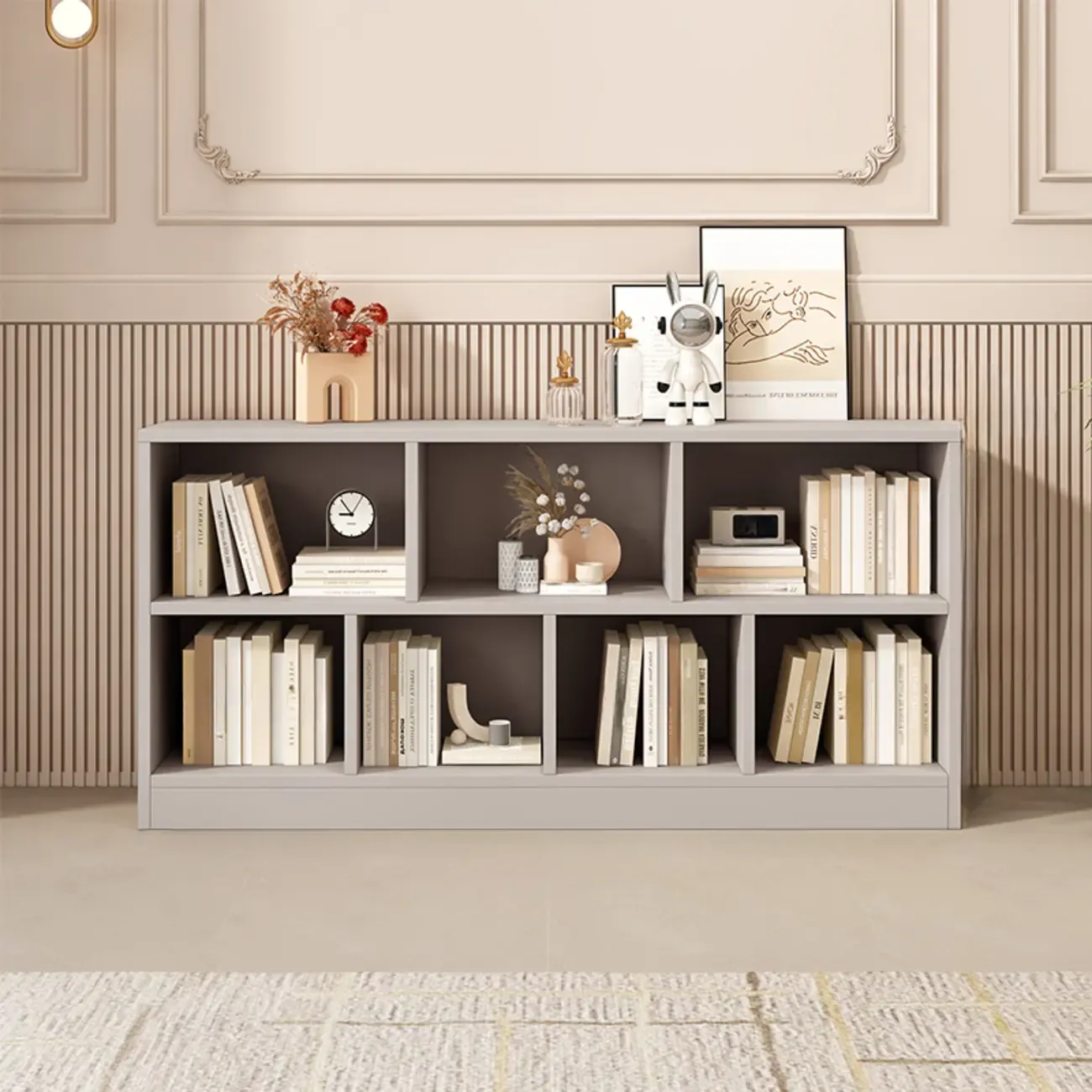 Gray Long Low Bookshelf 2/3-Shelf Horizontal Bookcase Image - 3