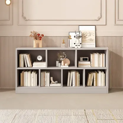 Gray Long Low Bookshelf 2/3-Shelf Horizontal Bookcase Image - 3