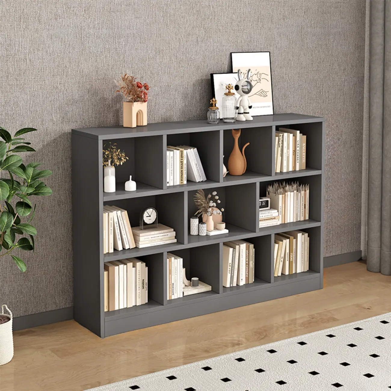 Gray Long Low Bookshelf 2/3-Shelf Horizontal Bookcase Image - 4 | homeyfad