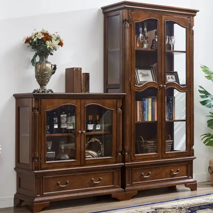 Brown Wine Cabinet with Shelf Compartment Drawers and Glass Doors Image - 1