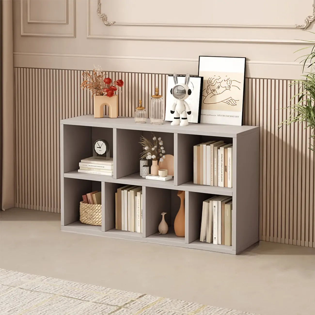 Gray Long Low Bookshelf 2/3-Shelf Horizontal Bookcase Image - 5