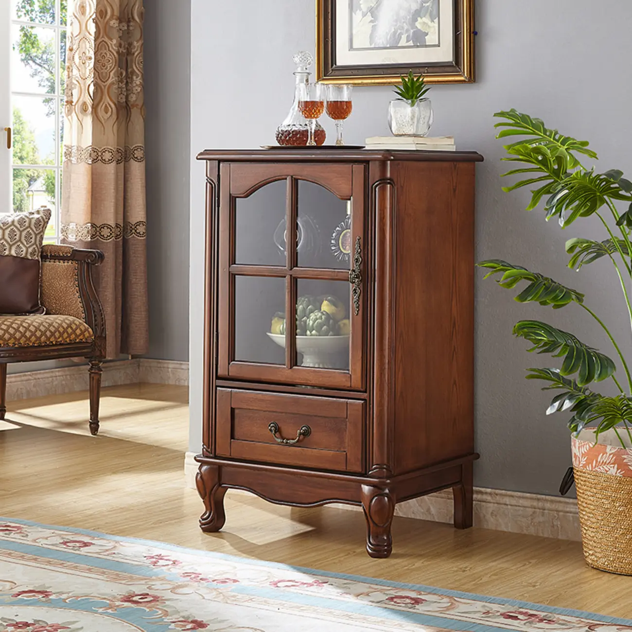 Brown Wine Cabinet with Shelf Compartment Drawers and Glass Doors Image - 2 | homeyfad