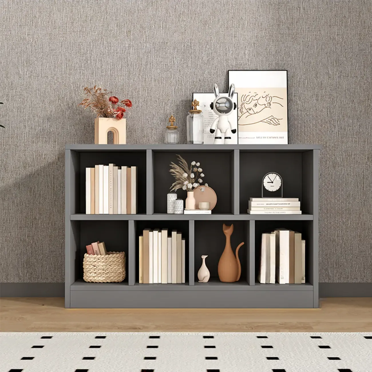 Gray Long Low Bookshelf 2/3-Shelf Horizontal Bookcase Image - 6