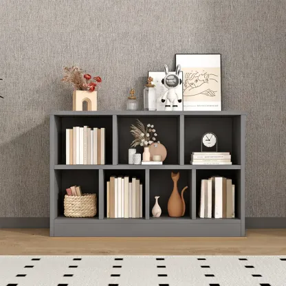 Gray Long Low Bookshelf 2/3-Shelf Horizontal Bookcase Image - 6