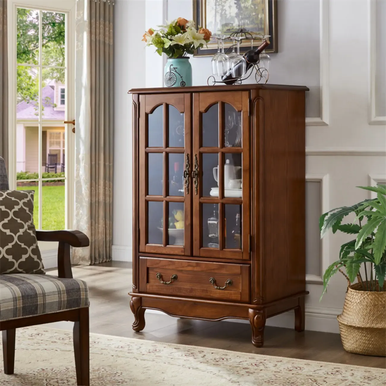 Brown Wine Cabinet with Shelf Compartment Drawers and Glass Doors Image - 3