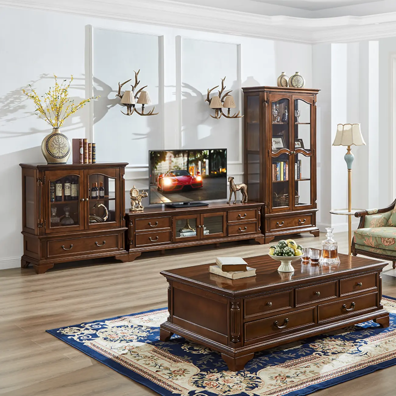 Brown Wine Cabinet with Shelf Compartment Drawers and Glass Doors Image - 4 | homeyfad