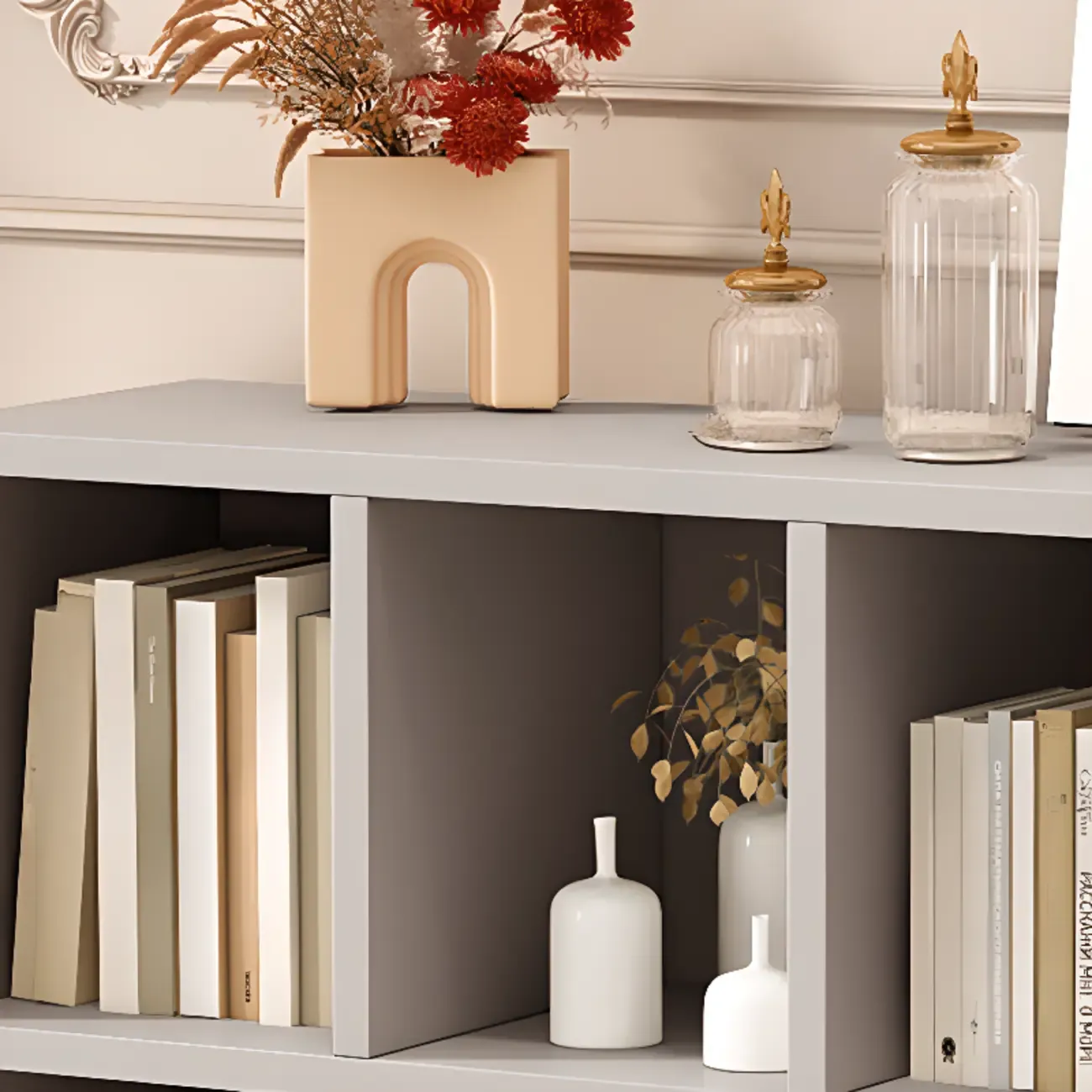 Gray Long Low Bookshelf 2/3-Shelf Horizontal Bookcase Image - 8