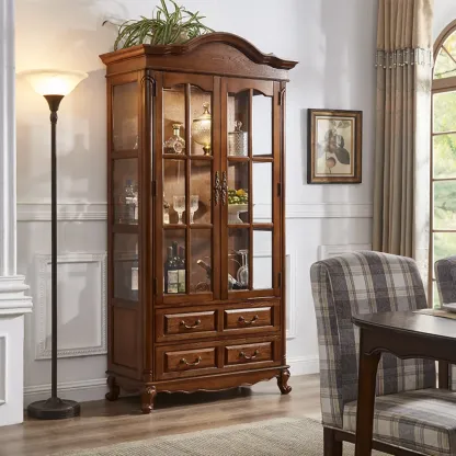 Brown Wine Cabinet with Shelf Compartment Drawers and Glass Doors Image - 5