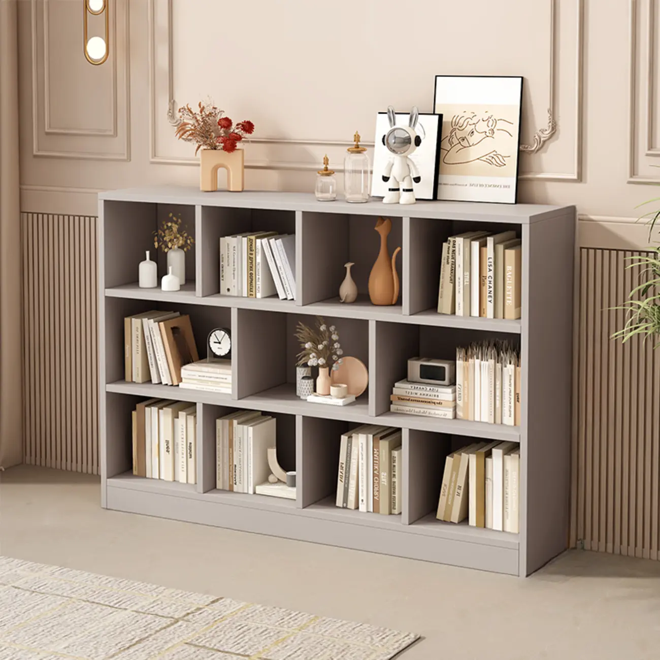 Gray Long Low Bookshelf 2/3-Shelf Horizontal Bookcase Image - 9 | homeyfad