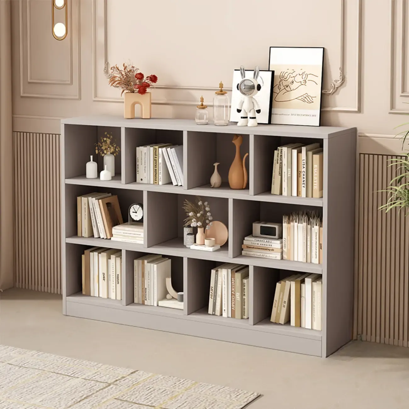 Gray Long Low Bookshelf 2/3-Shelf Horizontal Bookcase Image - 9