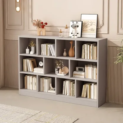 Gray Long Low Bookshelf 2/3-Shelf Horizontal Bookcase Image - 9
