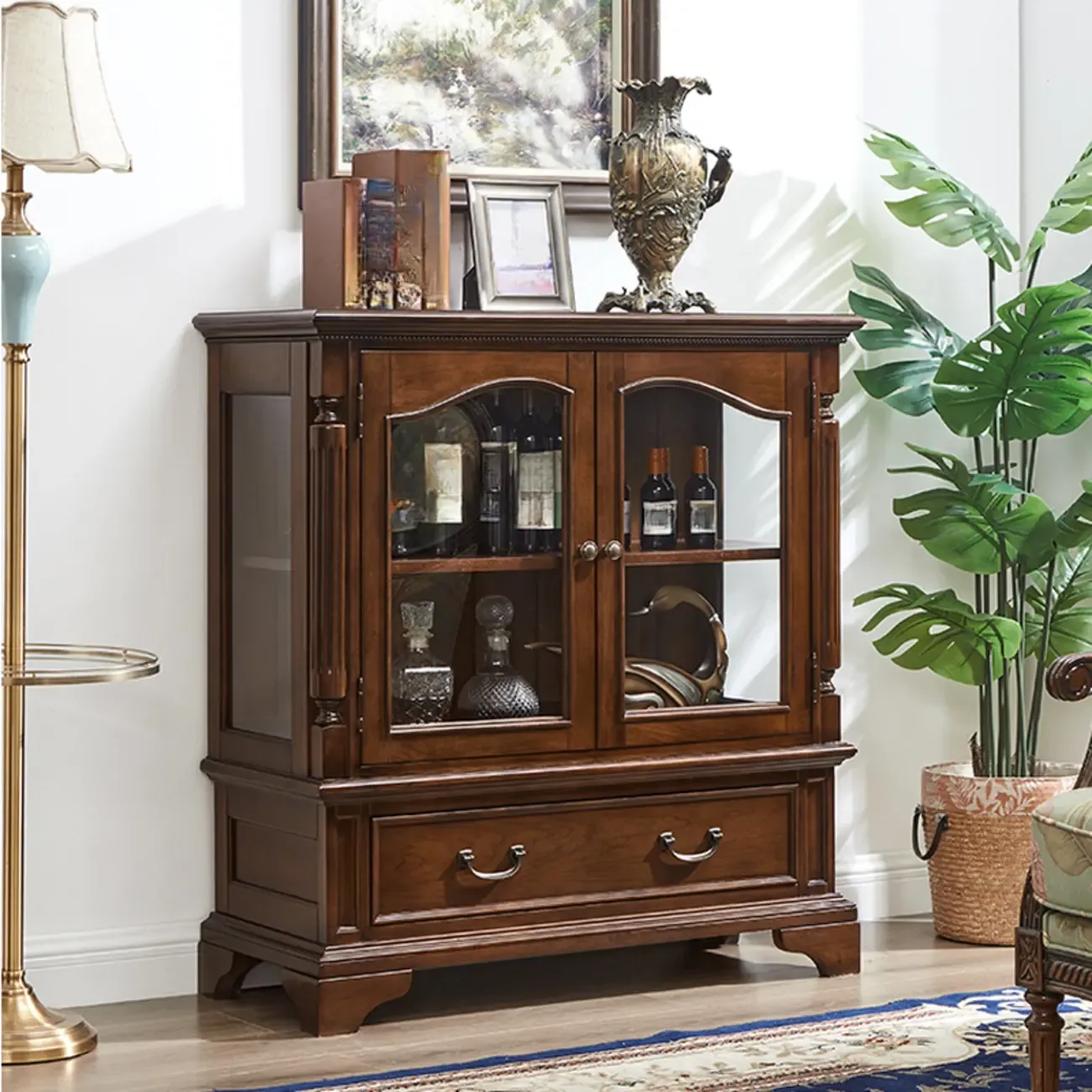 Brown Wine Cabinet with Shelf Compartment Drawers and Glass Doors Image - 6