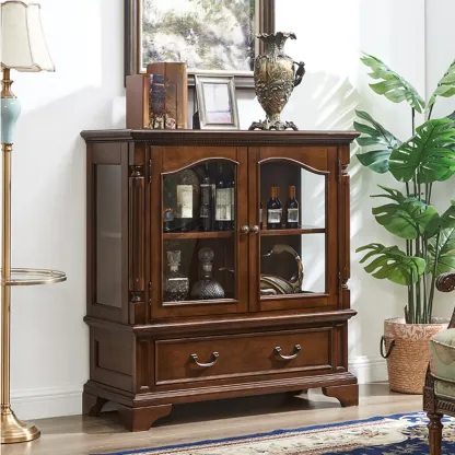 Brown Wine Cabinet with Shelf Compartment Drawers and Glass Doors Image - 6