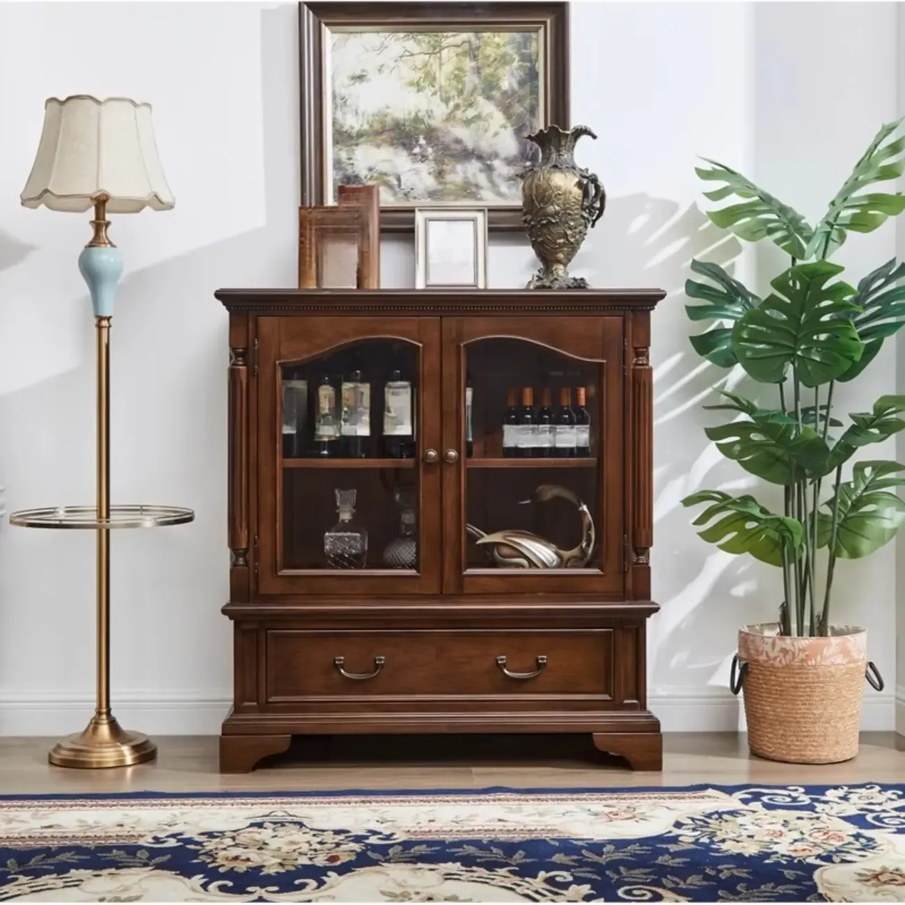 Brown Wine Cabinet with Shelf Compartment Drawers and Glass Doors Image - 7
