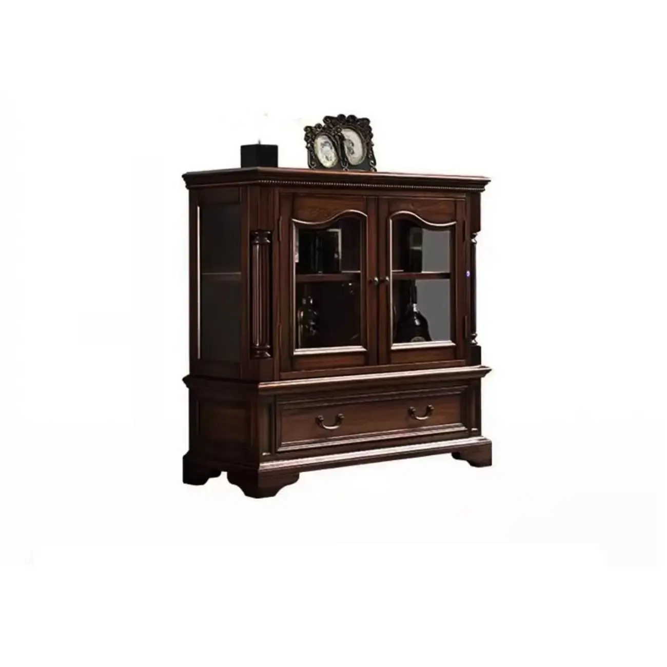 Brown Wine Cabinet with Shelf Compartment Drawers and Glass Doors Image - 8