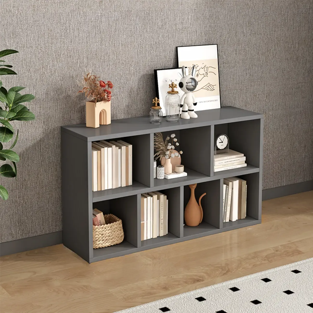 Gray Long Low Bookshelf 2/3-Shelf Horizontal Bookcase Image - 12