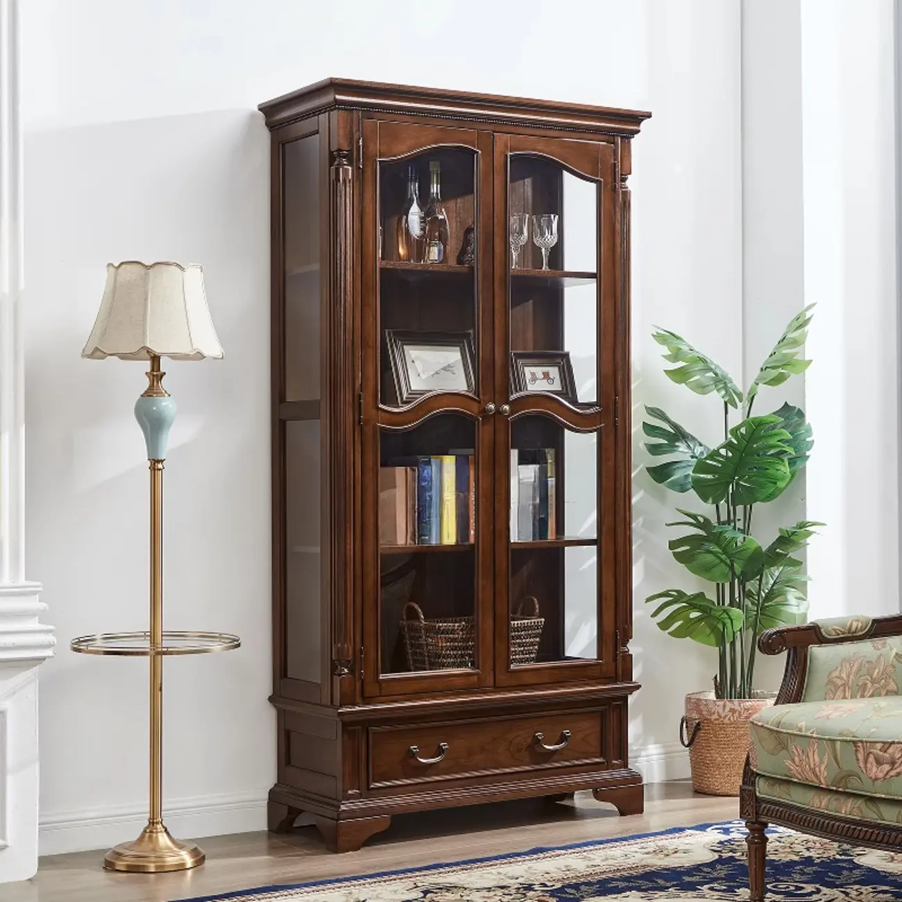 Brown Wine Cabinet with Shelf Compartment Drawers and Glass Doors Image - 9 | homeyfad