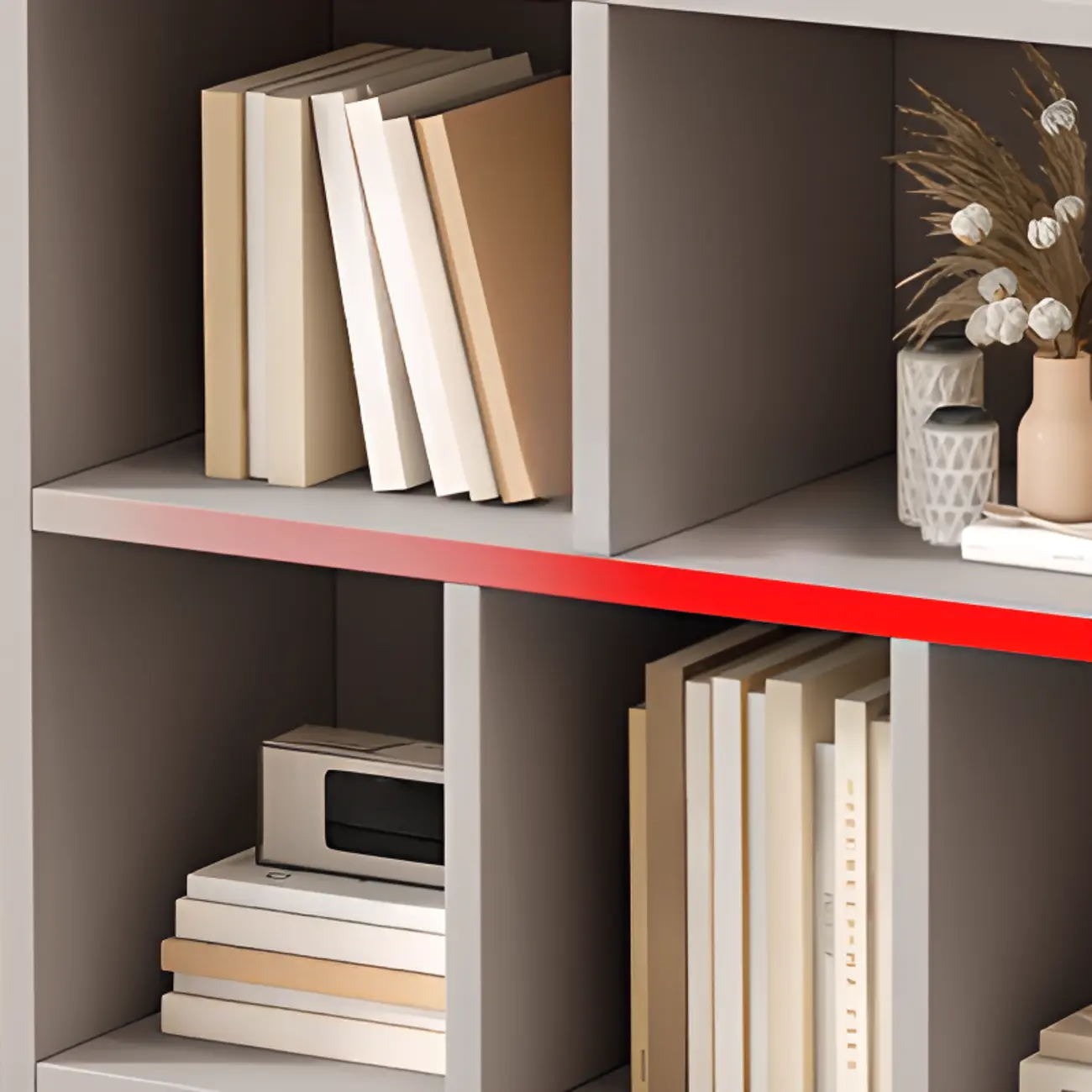 Gray Long Low Bookshelf 2/3-Shelf Horizontal Bookcase Image - 13 | homeyfad