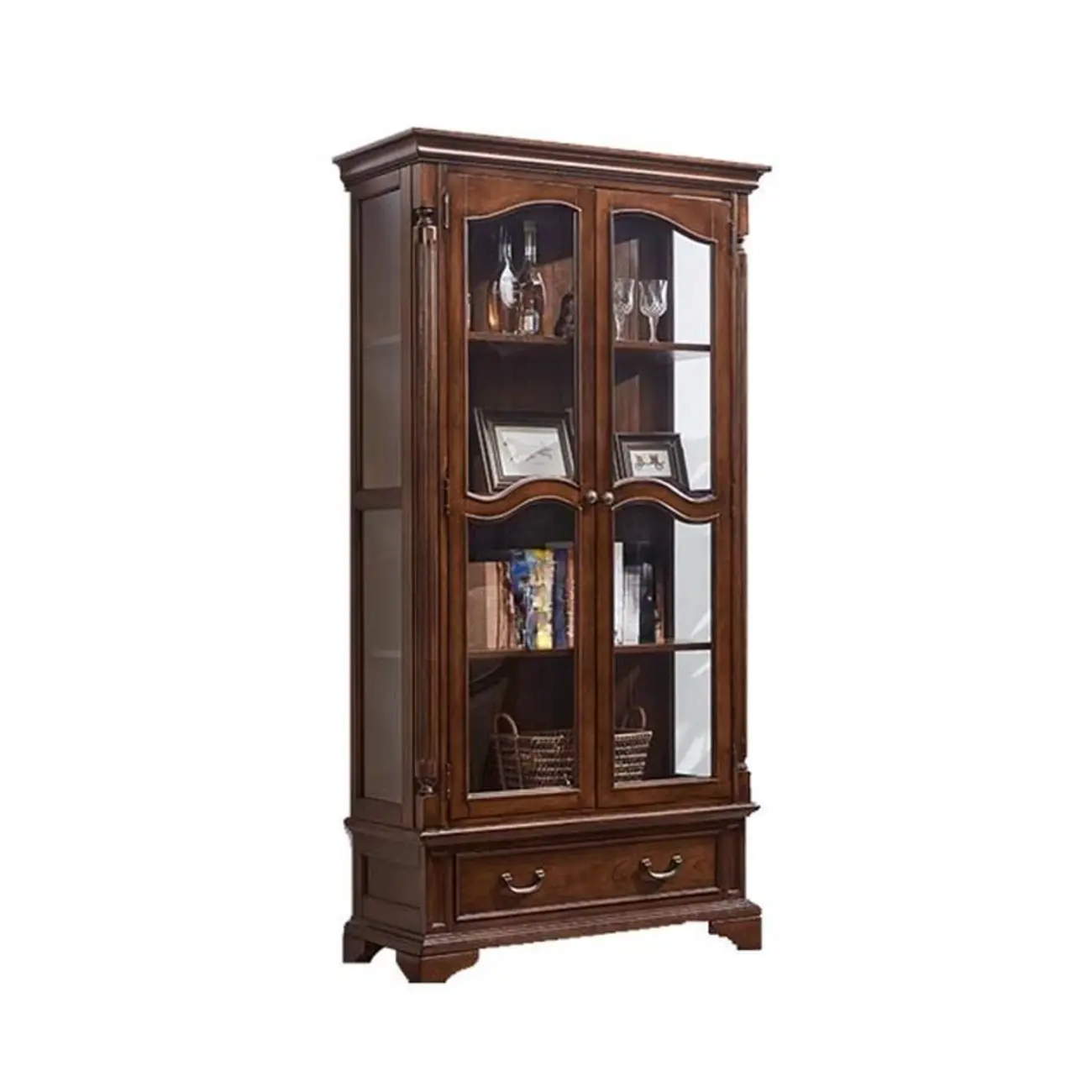 Brown Wine Cabinet with Shelf Compartment Drawers and Glass Doors Image - 10 | homeyfad