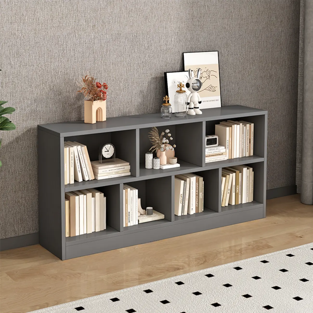 Gray Long Low Bookshelf 2/3-Shelf Horizontal Bookcase Image - 14 | homeyfad