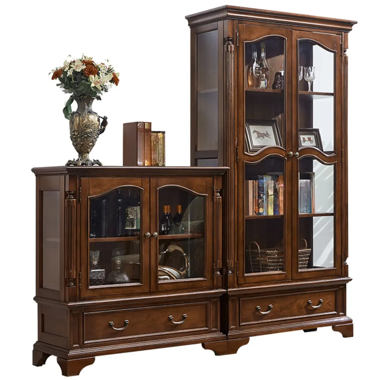 Brown Wine Cabinet with Shelf Compartment Drawers and Glass Doors Image - 11