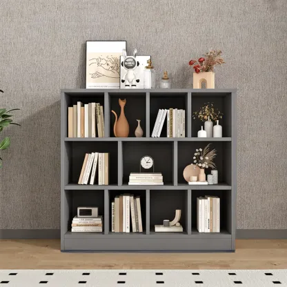 Gray Long Low Bookshelf 2/3-Shelf Horizontal Bookcase Image - 15