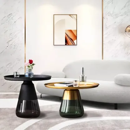Modern Glass End Table with Round Base for Living Room Image - 2