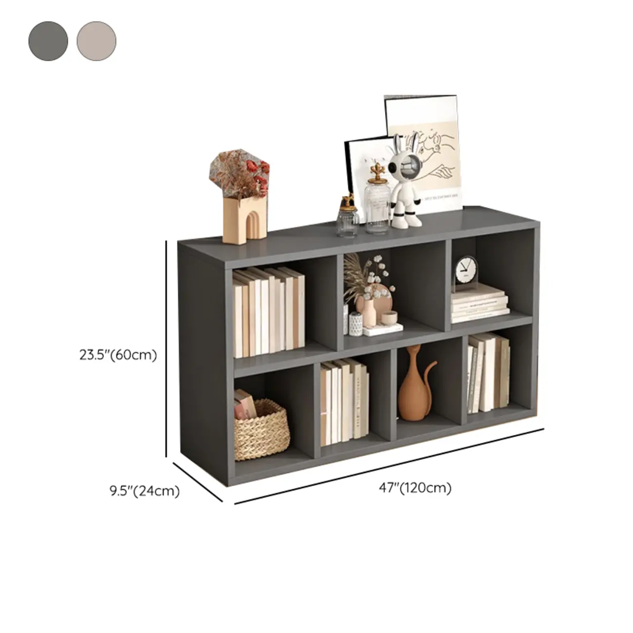 Gray Long Low Bookshelf 2/3-Shelf Horizontal Bookcase Image - 17 | homeyfad