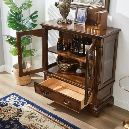 Brown Wine Cabinet with Shelf Compartment Drawers and Glass Doors Image - 13
