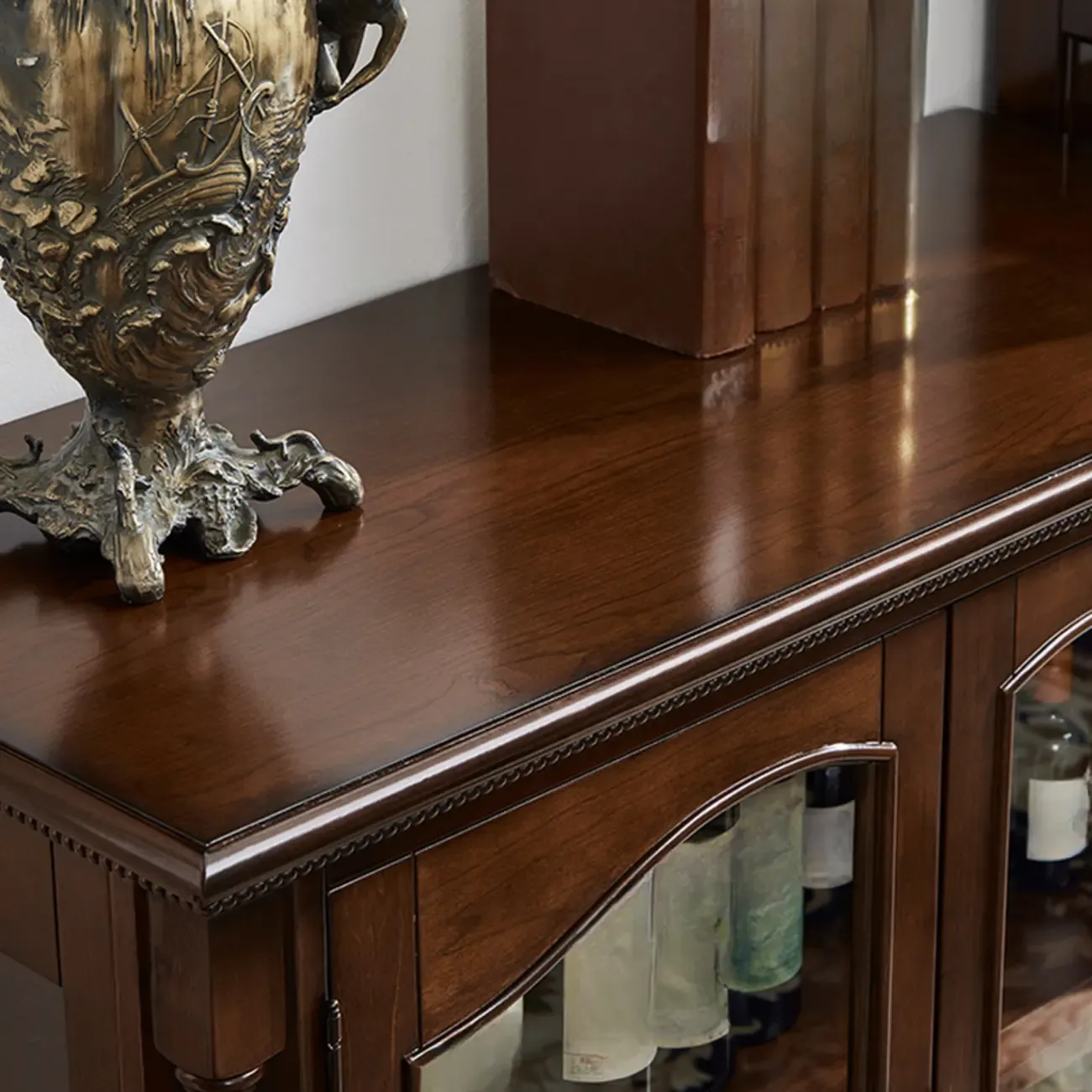 Brown Wine Cabinet with Shelf Compartment Drawers and Glass Doors Image - 14