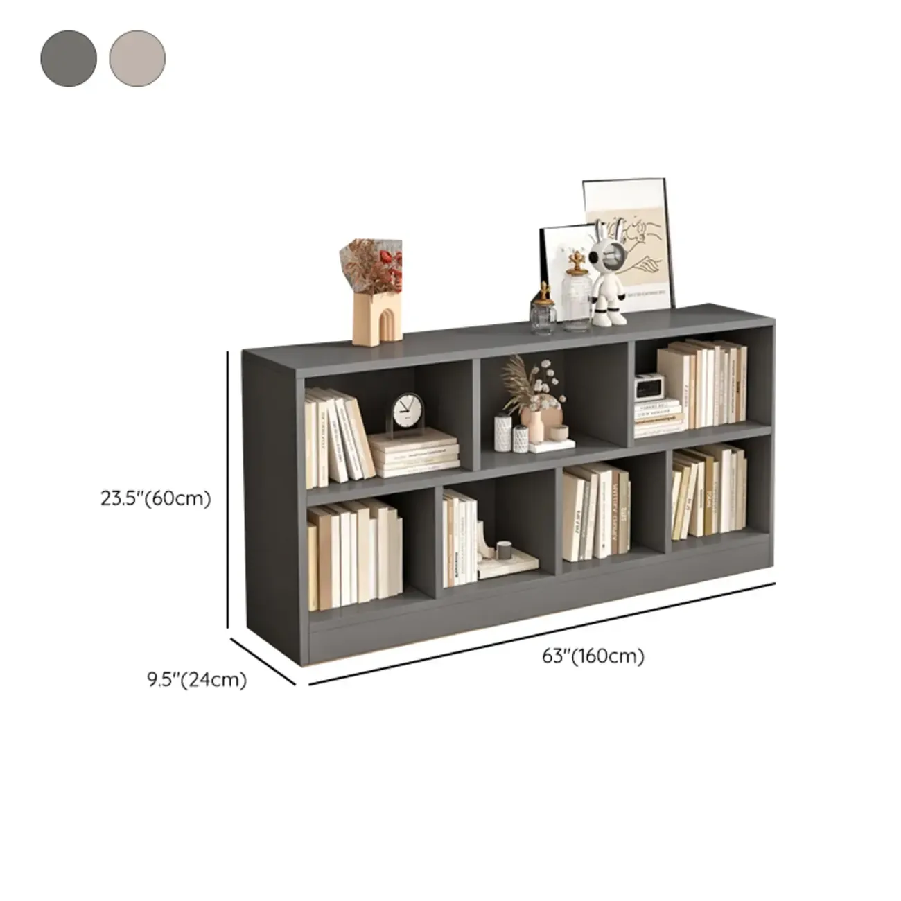 Gray Long Low Bookshelf 2/3-Shelf Horizontal Bookcase Image - 19