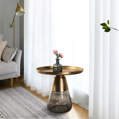 Modern Glass End Table with Round Base for Living Room Image - 21