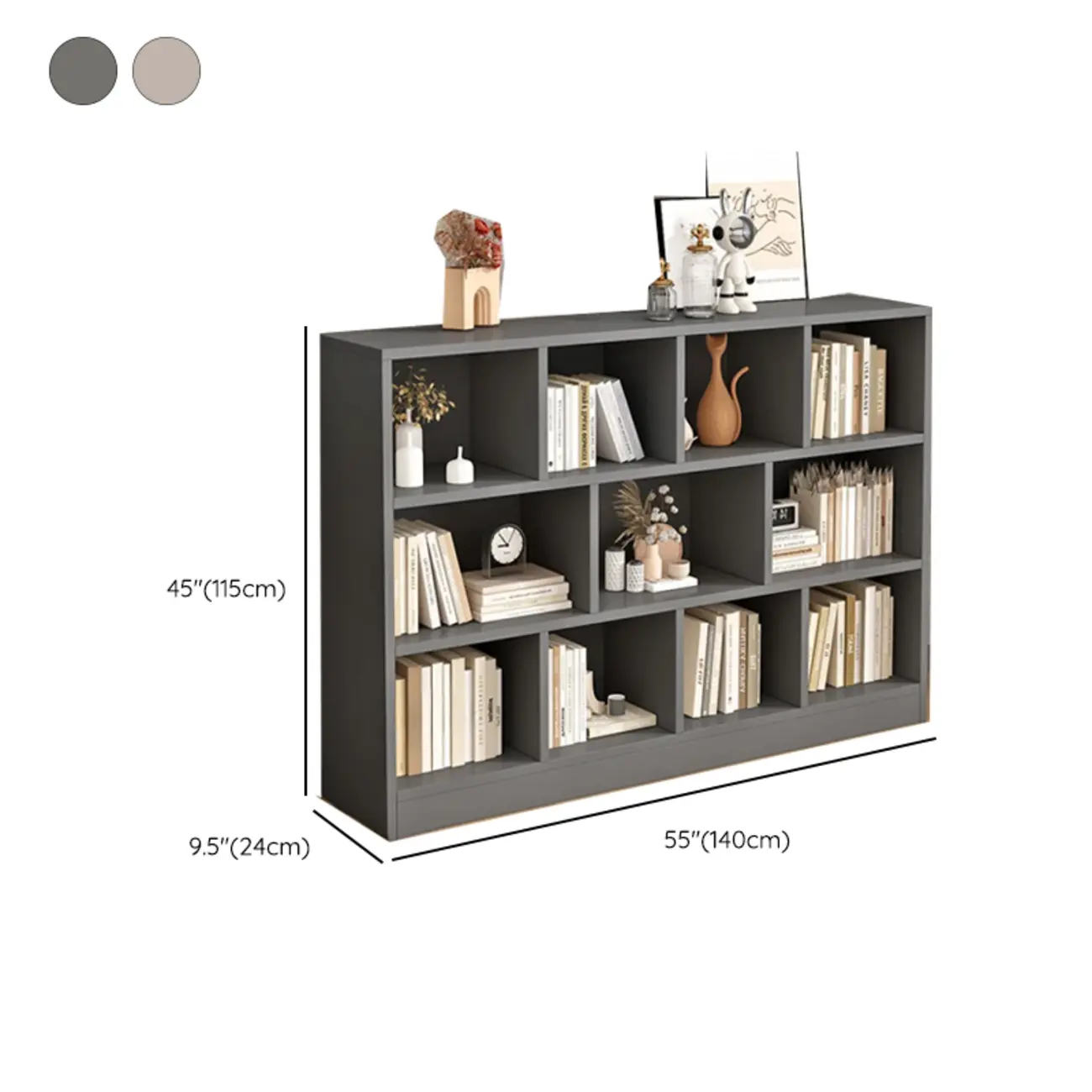 Gray Long Low Bookshelf 2/3-Shelf Horizontal Bookcase Image - 26 | homeyfad
