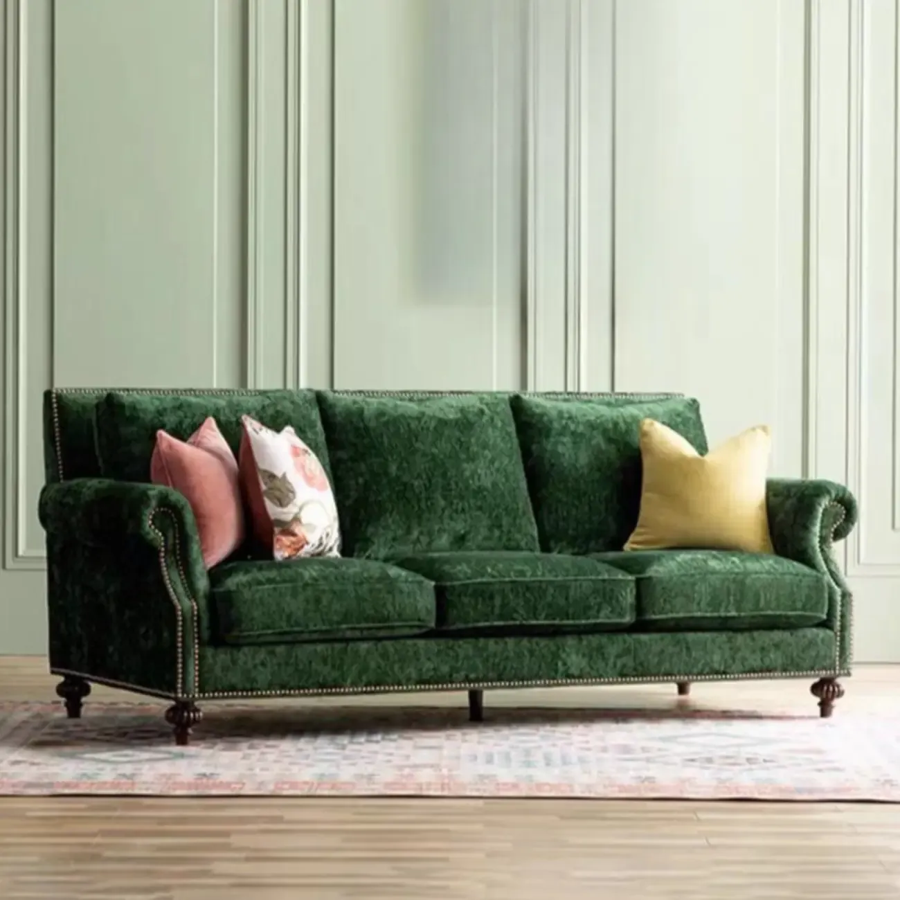 Modern Fabric Chenille Chesterfield Sofa in Blackish Green Image - 2