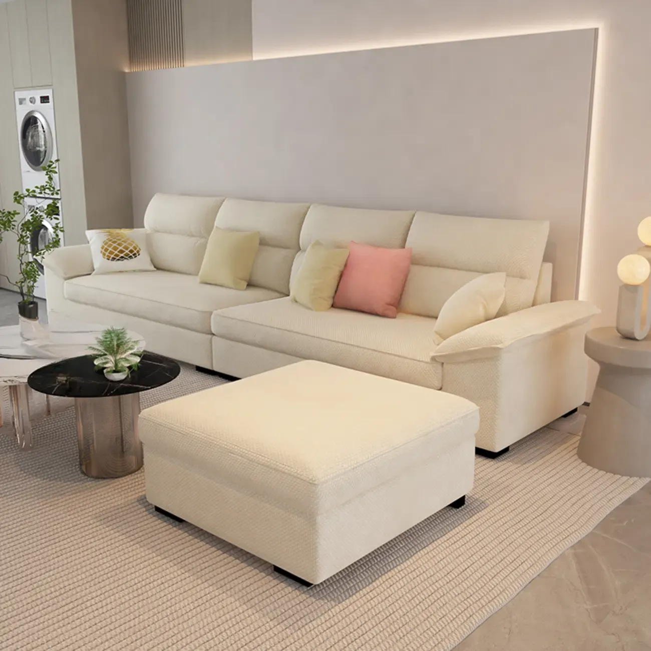 Off-White Upholstered Parlor Sofa Couch with an Ottoman and Concealed Support Image - 1