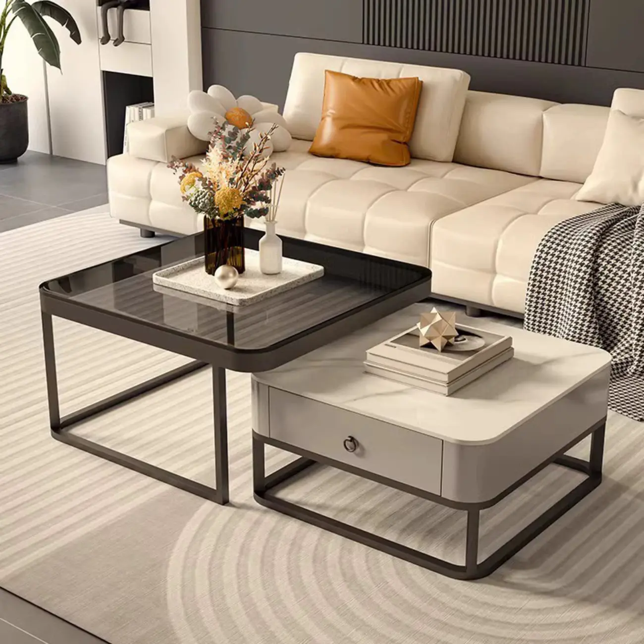 Modern 3-in-1 Set of Iron Frame Nesting Coffee Tables with Stylish Square Top and Black Base Image - 2 | homeyfad