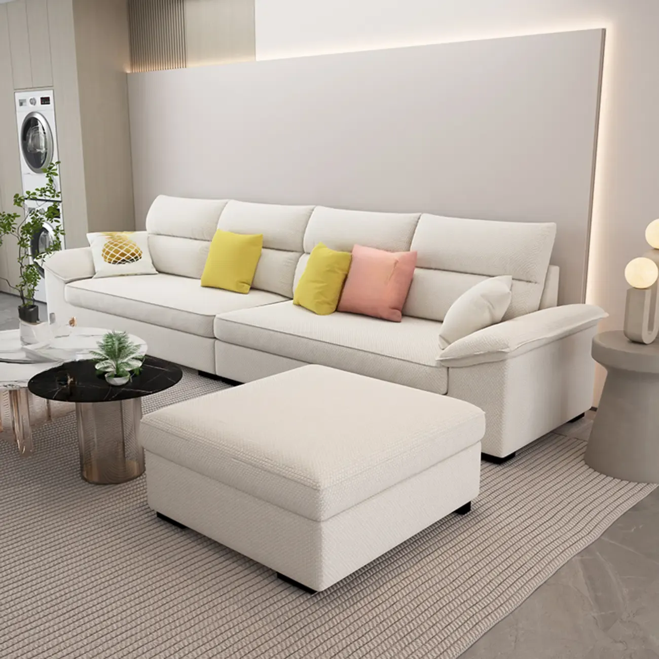Off-White Upholstered Parlor Sofa Couch with an Ottoman and Concealed Support Image - 2