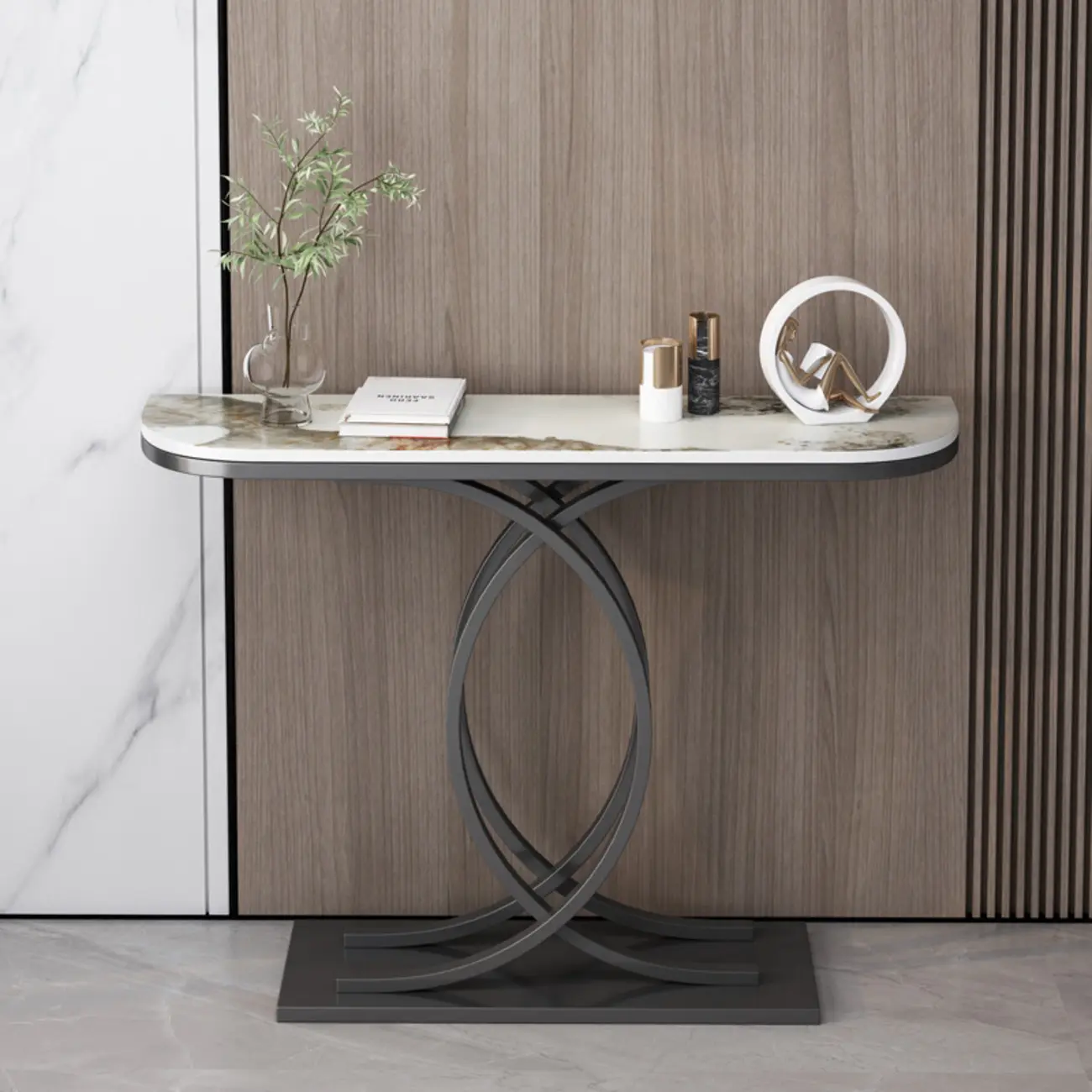 Glam Stone Top Console Table with Geometric Base Image - 1 | homeyfad