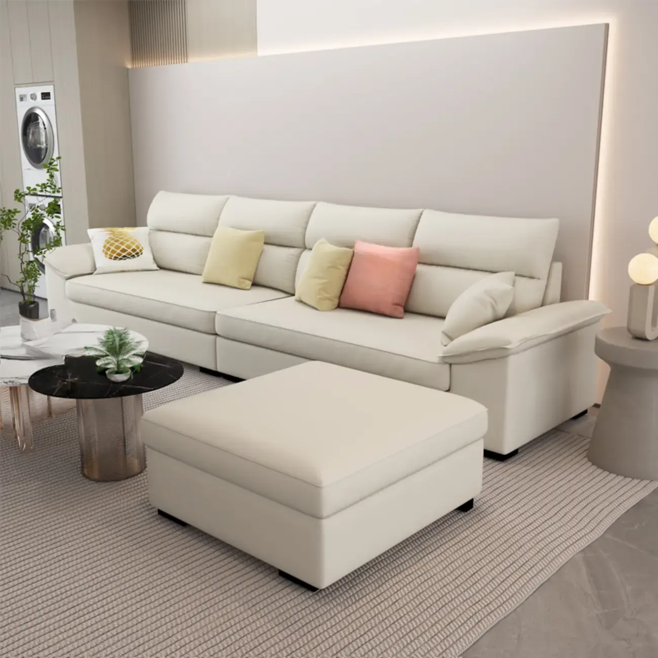 Off-White Upholstered Parlor Sofa Couch with an Ottoman and Concealed Support Image - 3