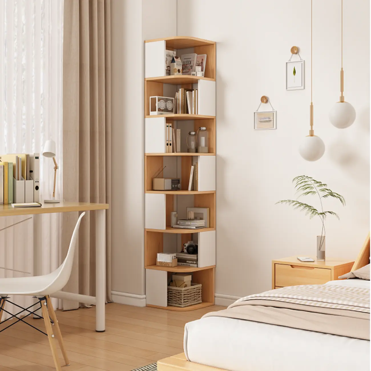 Wooden Fan-Shaped Shelves Standing Corner Shelf Image - 1 | homeyfad